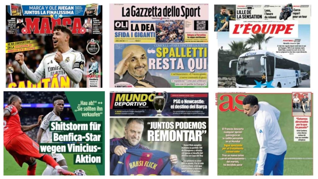 كورة استريم |أبرز عناوين أغلفة الصحف الرياضية العالمية: “ترقب عالمي لقرعة دوري الأبطال”